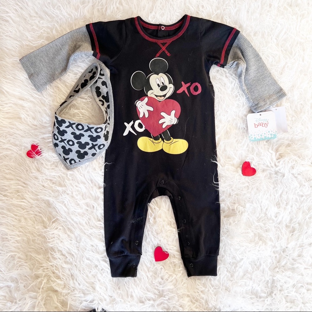 New Disney Baby Mickey 1 Piece Romper with Bib